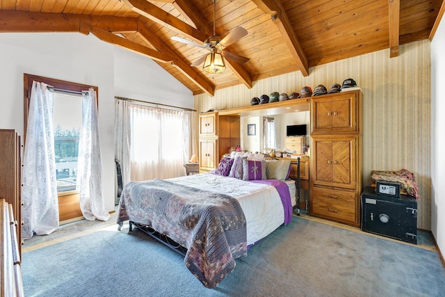 carpeted bedroom with lofted ceiling with beams and wood ceiling