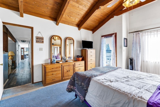 carpeted bedroom with lofted ceiling with beams and wooden ceiling