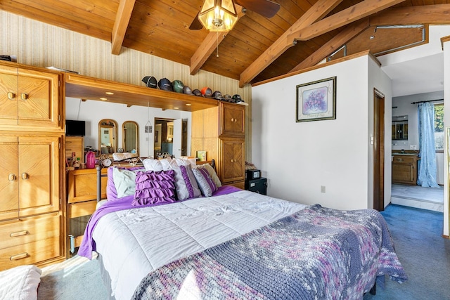 bedroom featuring carpet floors, wooden ceiling, and vaulted ceiling with beams