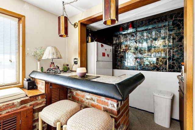 bar with carpet and freestanding refrigerator