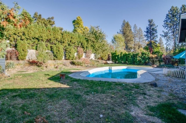 outdoor pool featuring a lawn