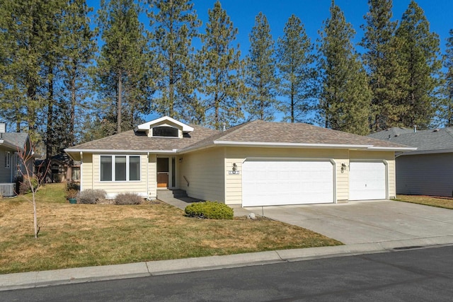 single story home featuring driveway, central AC unit, roof with shingles, an attached garage, and a front yard