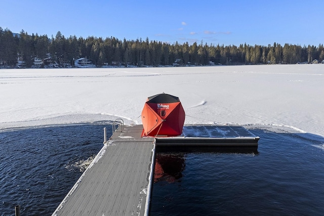 dock area featuring a forest view and a water view