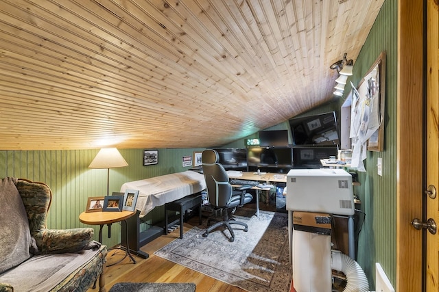 office area with lofted ceiling, wooden ceiling, and wood finished floors