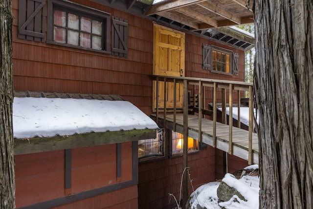 view of snow covered deck