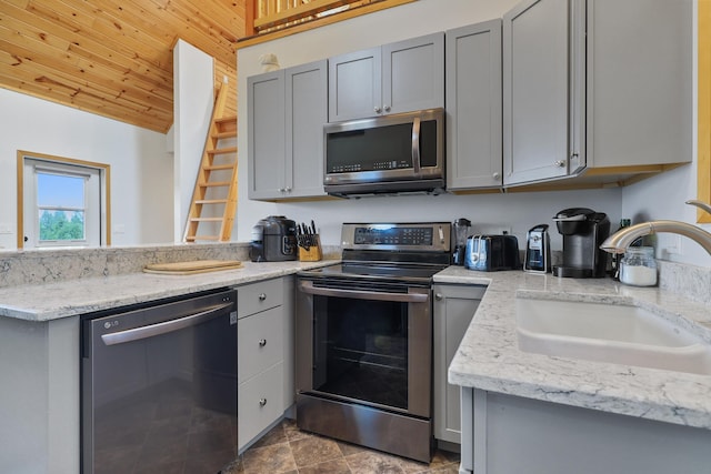 kitchen featuring stainless steel appliances, gray cabinets, a sink, and wood ceiling