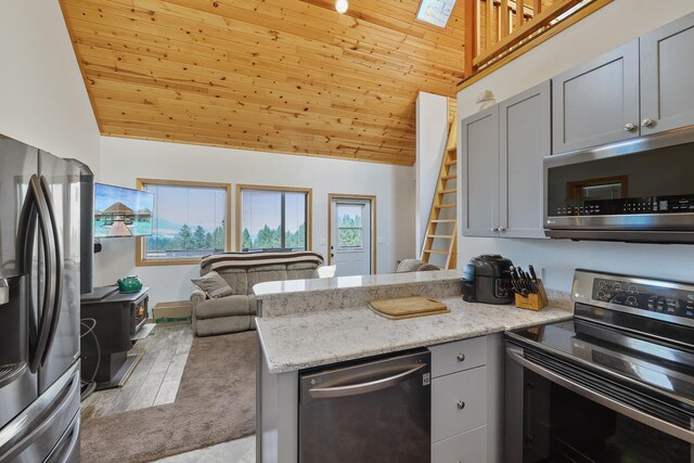 kitchen with appliances with stainless steel finishes, wood ceiling, a peninsula, and gray cabinetry