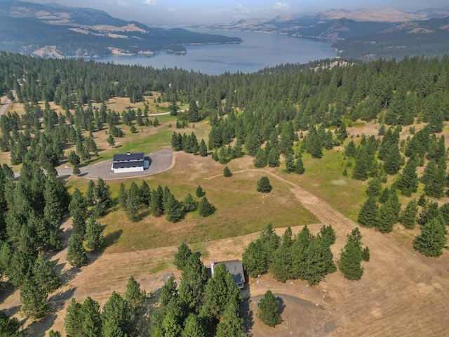 drone / aerial view with a water and mountain view and a view of trees