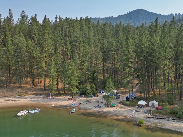 birds eye view of property with a wooded view and a water and mountain view