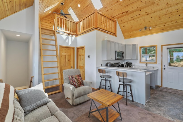 6152 Winding River Way, Fruitland, WA 99129 - living room featuring a skylight, wooden ceiling, and high vaulted ceiling