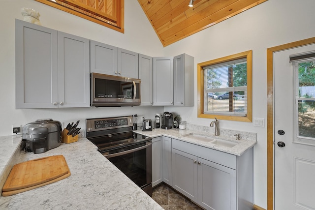 6152 Winding River Way, Fruitland, WA 99129 - kitchen featuring stainless steel appliances, gray cabinetry, lofted ceiling, wood ceiling, and light stone counters