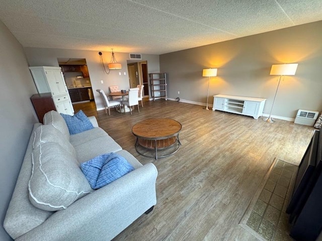 living room with wood finished floors, baseboards, and a textured ceiling