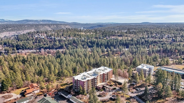 birds eye view of property with a mountain view and a wooded view