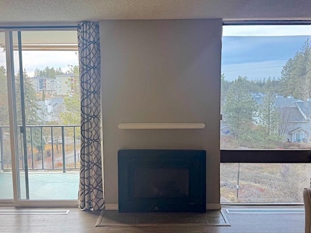 interior details featuring a textured ceiling, wood finished floors, and a fireplace