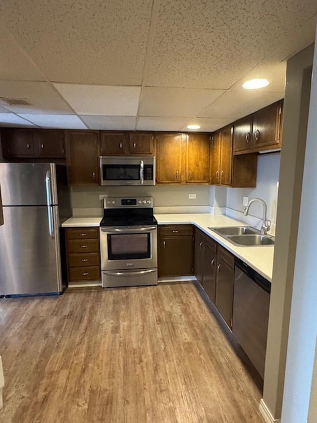 kitchen featuring dark brown cabinetry, light countertops, light wood-style flooring, appliances with stainless steel finishes, and a sink