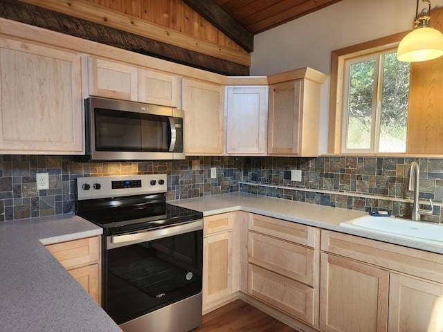 kitchen featuring stainless steel appliances, a sink, and light brown cabinetry