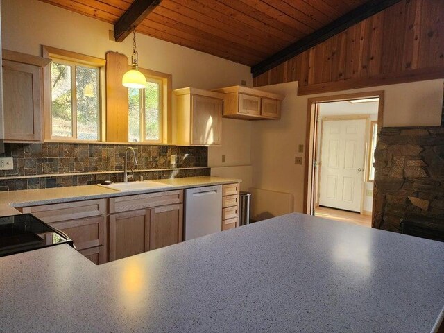 kitchen with lofted ceiling with beams, a sink, wood ceiling, decorative backsplash, and dishwasher