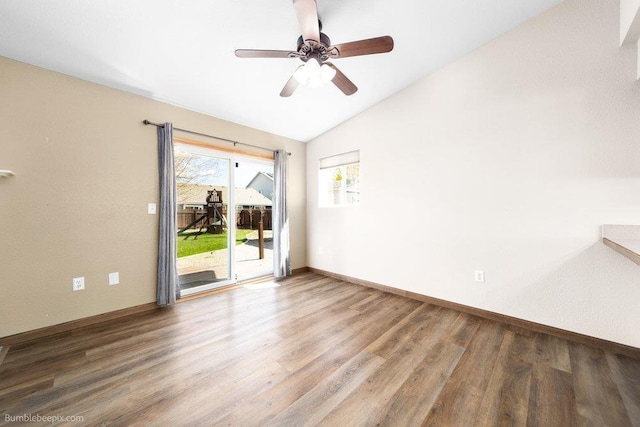 510 N Bell St, Spokane Valley, WA 99016 - empty room featuring vaulted ceiling, a ceiling fan, wood finished floors, and baseboards