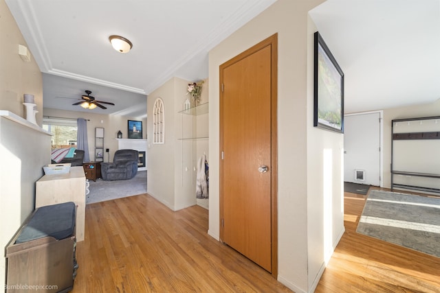 hall with light wood finished floors, baseboards, and crown molding