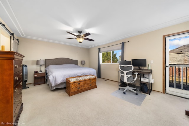 bedroom with light carpet, access to exterior, ceiling fan, and a barn door