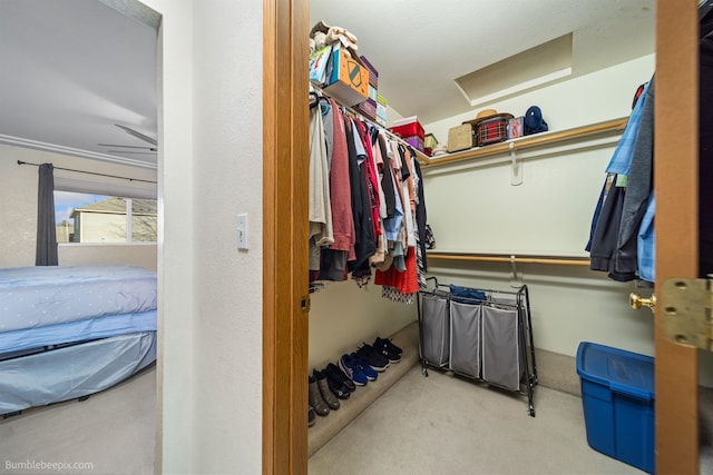 walk in closet featuring attic access