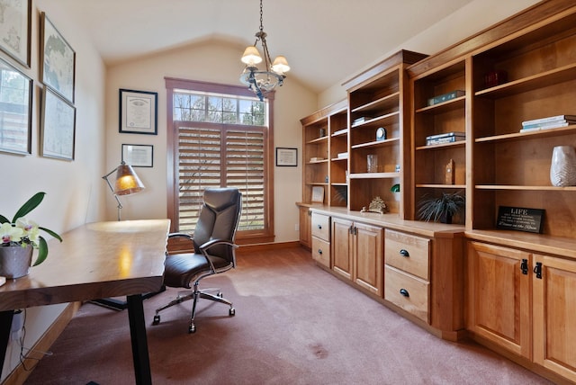 office area featuring a chandelier, light colored carpet, vaulted ceiling, and baseboards