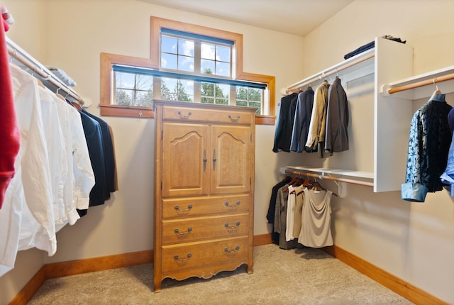 spacious closet featuring light colored carpet