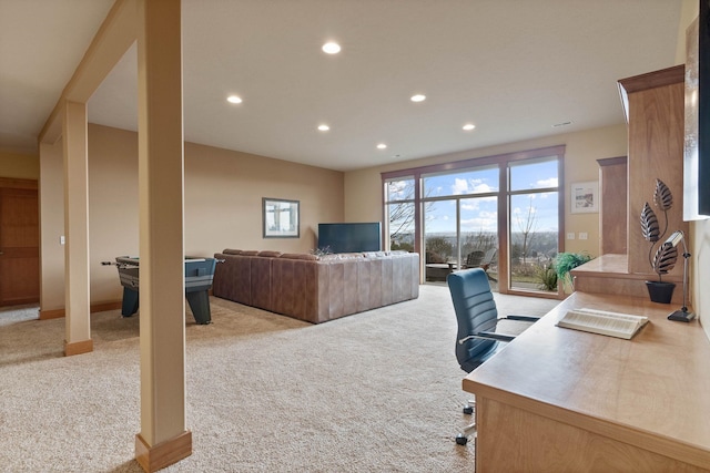 office featuring light carpet and recessed lighting