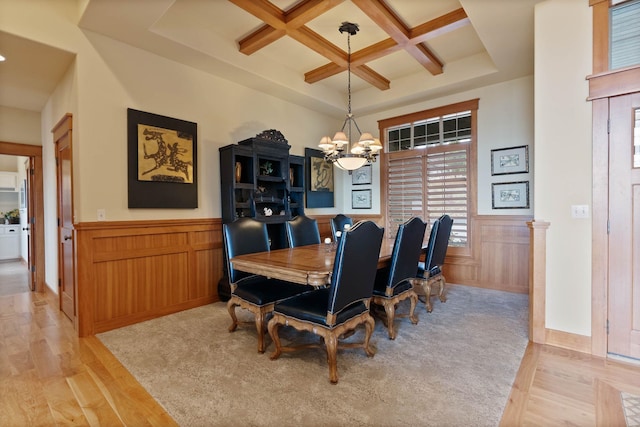 dining room featuring an inviting chandelier, coffered ceiling, wood finished floors, and wainscoting