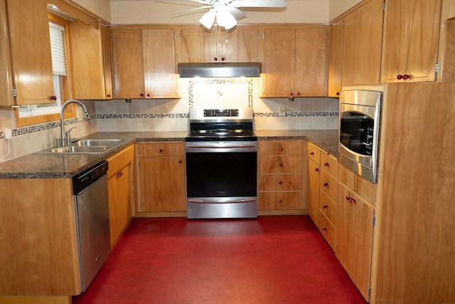 kitchen featuring appliances with stainless steel finishes, a sink, under cabinet range hood, and decorative backsplash