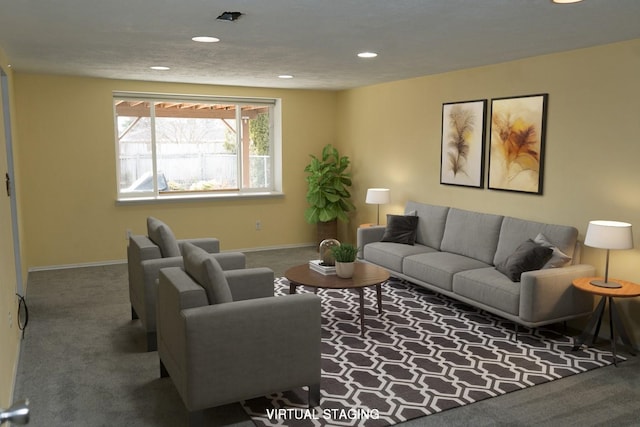 living room featuring recessed lighting, carpet flooring, and baseboards