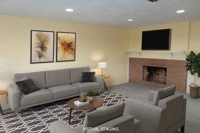 carpeted living area featuring recessed lighting, visible vents, a fireplace, and baseboards