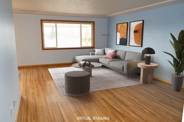 living area featuring baseboards and light wood finished floors