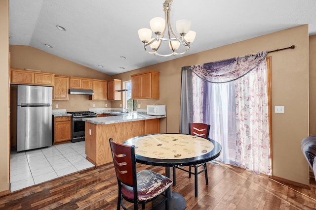 kitchen with lofted ceiling, light wood-style flooring, under cabinet range hood, stainless steel appliances, and a peninsula