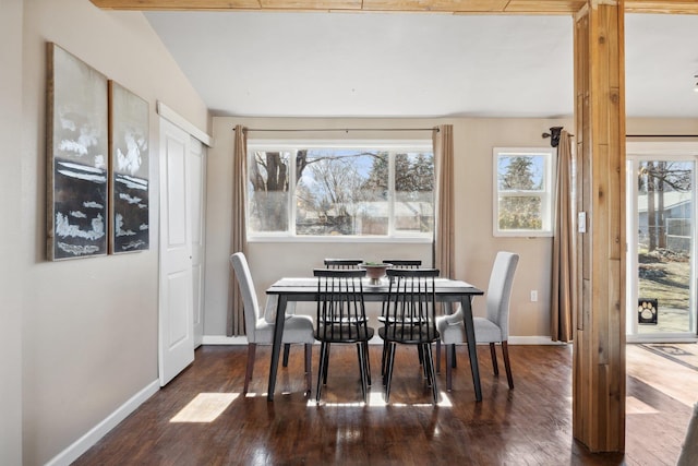 dining space featuring dark wood-style flooring and baseboards