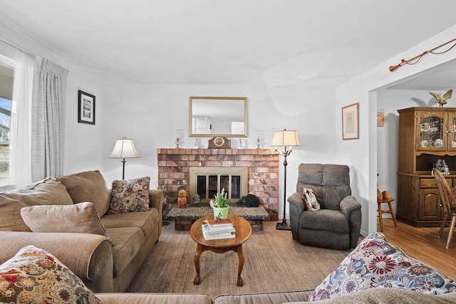 living room with a fireplace and wood finished floors