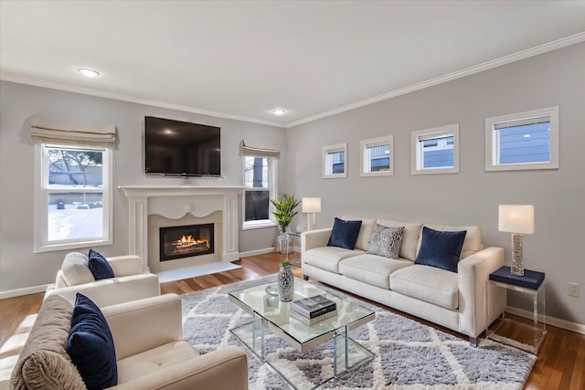 living room with ornamental molding, a glass covered fireplace, wood finished floors, recessed lighting, and baseboards