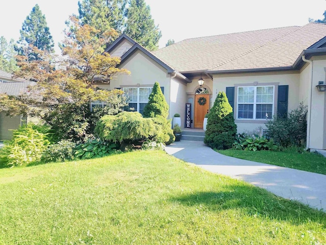 view of front of home with stucco siding, a front lawn, and roof with shingles