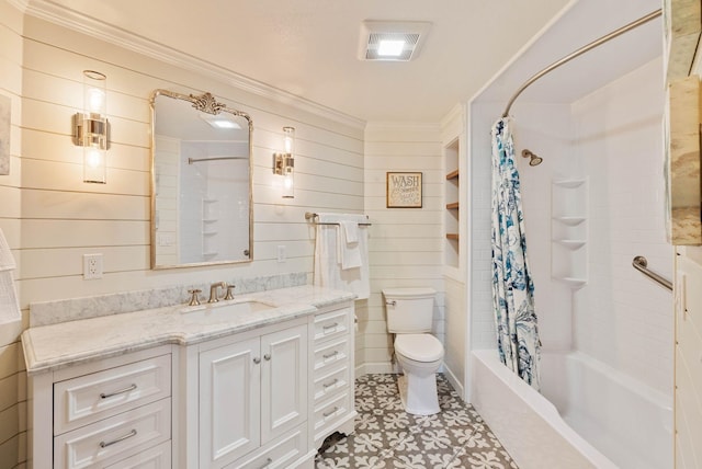 bathroom featuring crown molding, visible vents, toilet, shower / bath combo with shower curtain, and vanity