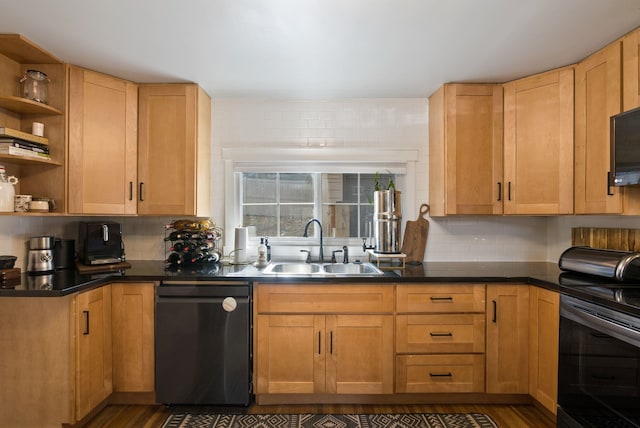 kitchen featuring dishwasher, backsplash, black range with electric cooktop, open shelves, and a sink