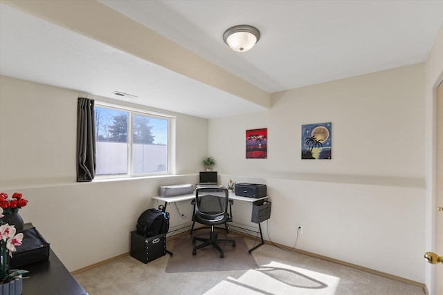 office area with carpet, visible vents, and baseboards