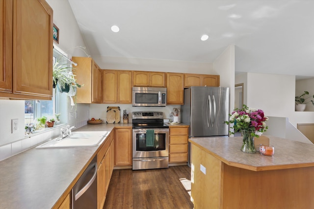 kitchen with appliances with stainless steel finishes, light countertops, a sink, and dark wood-style floors