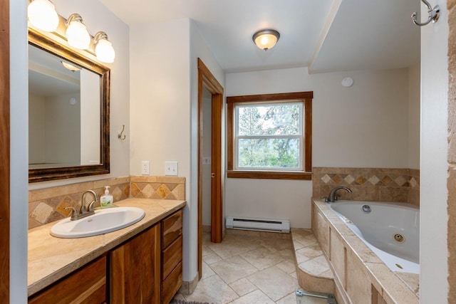 full bathroom featuring stone tile floors, a whirlpool tub, baseboard heating, vanity, and backsplash