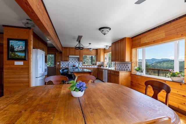 dining space featuring wood walls and a mountain view