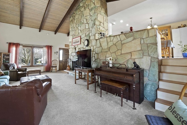 carpeted living room with high vaulted ceiling, wood ceiling, beam ceiling, and a notable chandelier