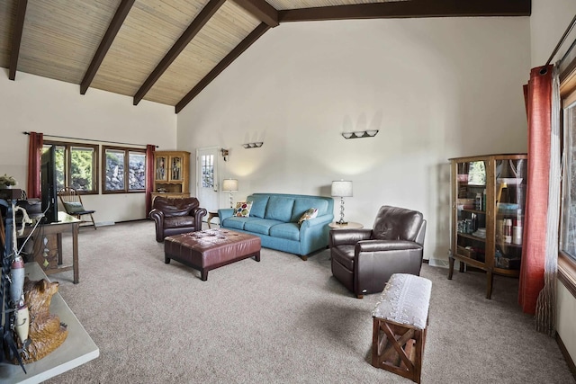 carpeted living room featuring wooden ceiling, high vaulted ceiling, and beamed ceiling