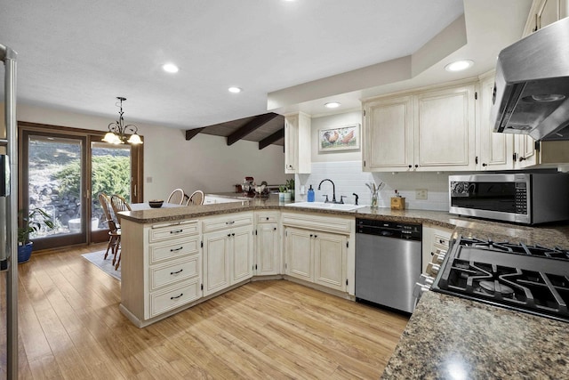 kitchen featuring a peninsula, a sink, light wood-style floors, appliances with stainless steel finishes, and tasteful backsplash