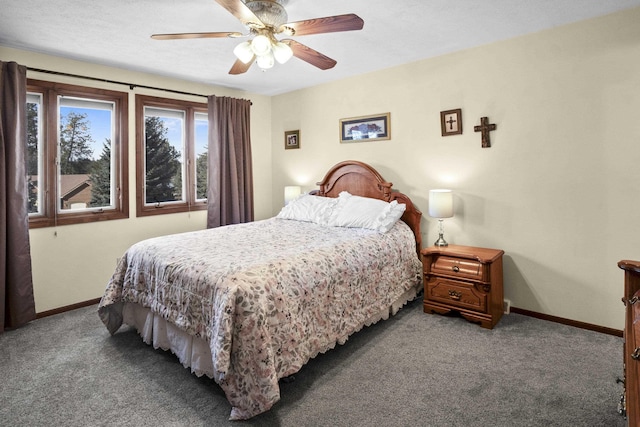 bedroom featuring carpet flooring, ceiling fan, and baseboards