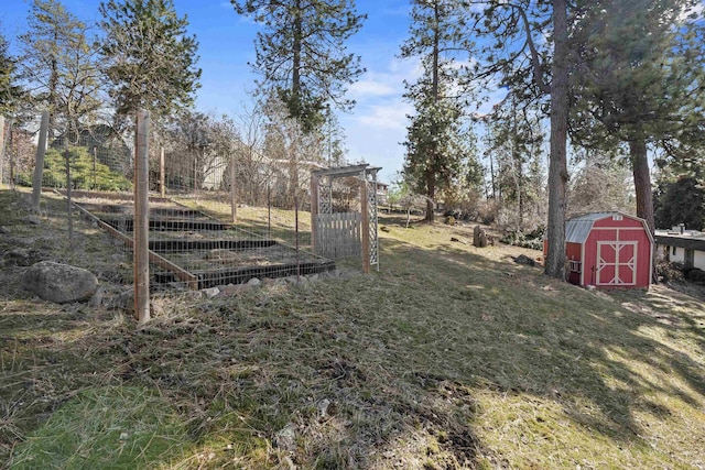 view of yard featuring a shed and an outdoor structure