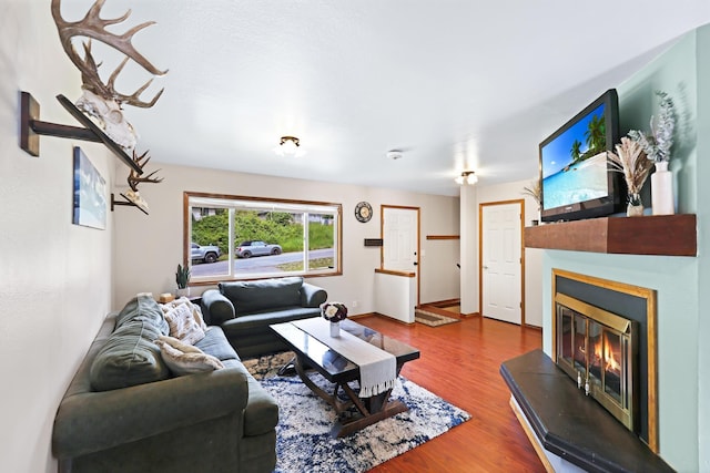 living area featuring a glass covered fireplace, baseboards, and wood finished floors